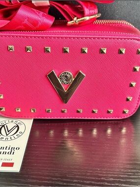 Valentino Orlandi Vegan Leather Hot Pink Studded Camera Crossbody w/ Gold Emblem